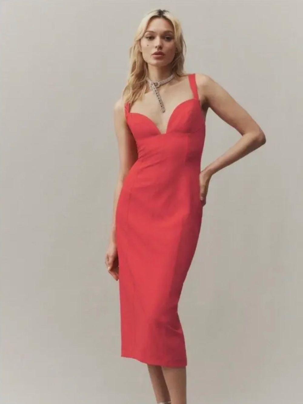 BHLDN sage sweetheart stretch crepe midi dress